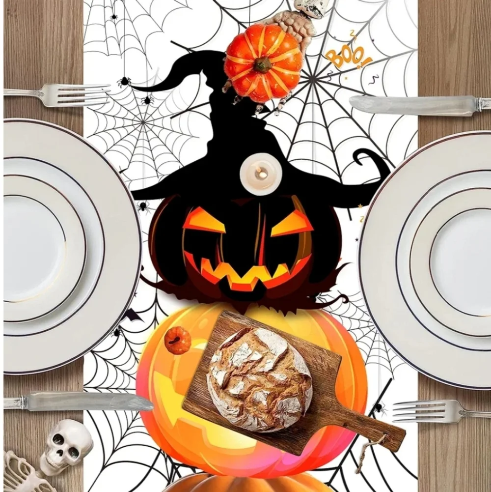 Cuteiush Halloween Pumpkin Spider Web Table Runner  13x72 Inches